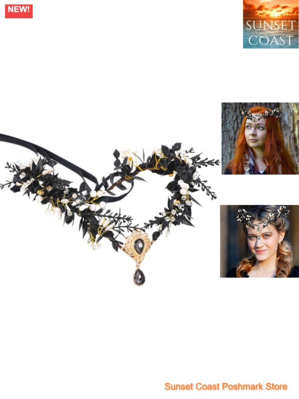 Gothic Elf Fairy Flower Crown Headband with Rhinestones - Handmade Medieval